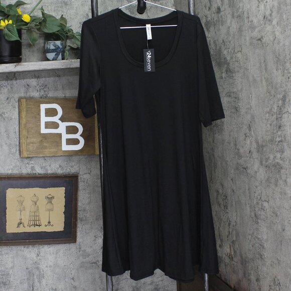 NWT 24Seven Comfort Apparel Womens 3/4 Sleeve Knit Flowy Dress Black 1X - Picture 1 of 5